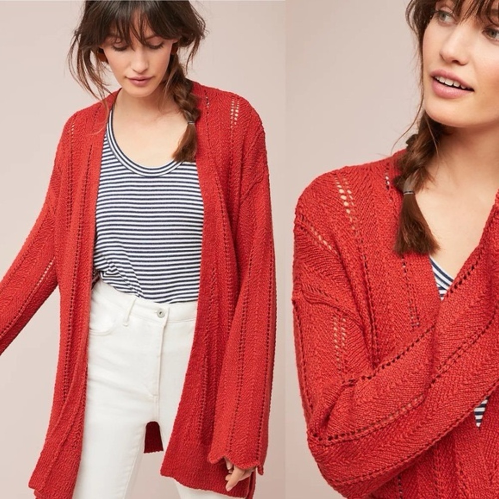 Anthropologie angel of the north large red linen/cotton knit cardigan
